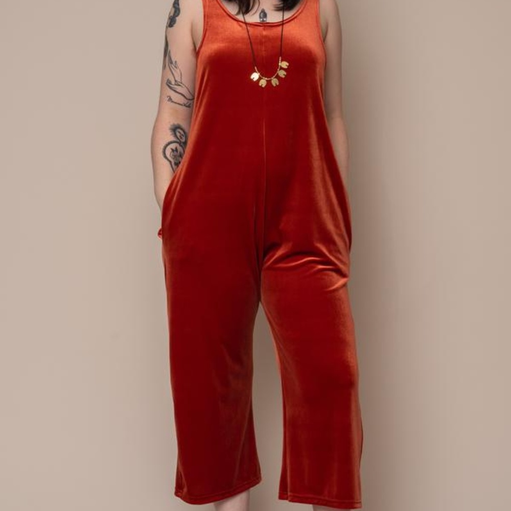 Altar PDX Red Saffron Velvet Jumpsuit with Pockets